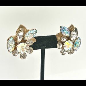 Vintage JUDY LEE clip on AB rhinestone cluster earrings
